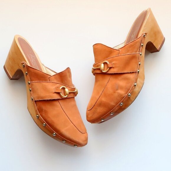 Rangonii of Florence Italian Tan Leather Gold Horse-bit Wooden Clogs / Mules 9 - Picture 16 of 16